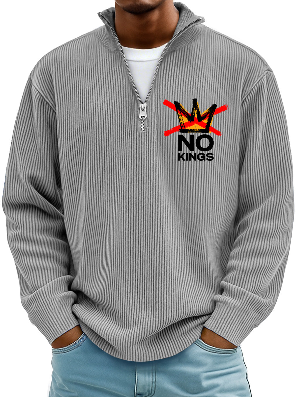 Men's Simple Ribbed No Kings Stand-up Collar Zipper Long-sleeved T-shirt
