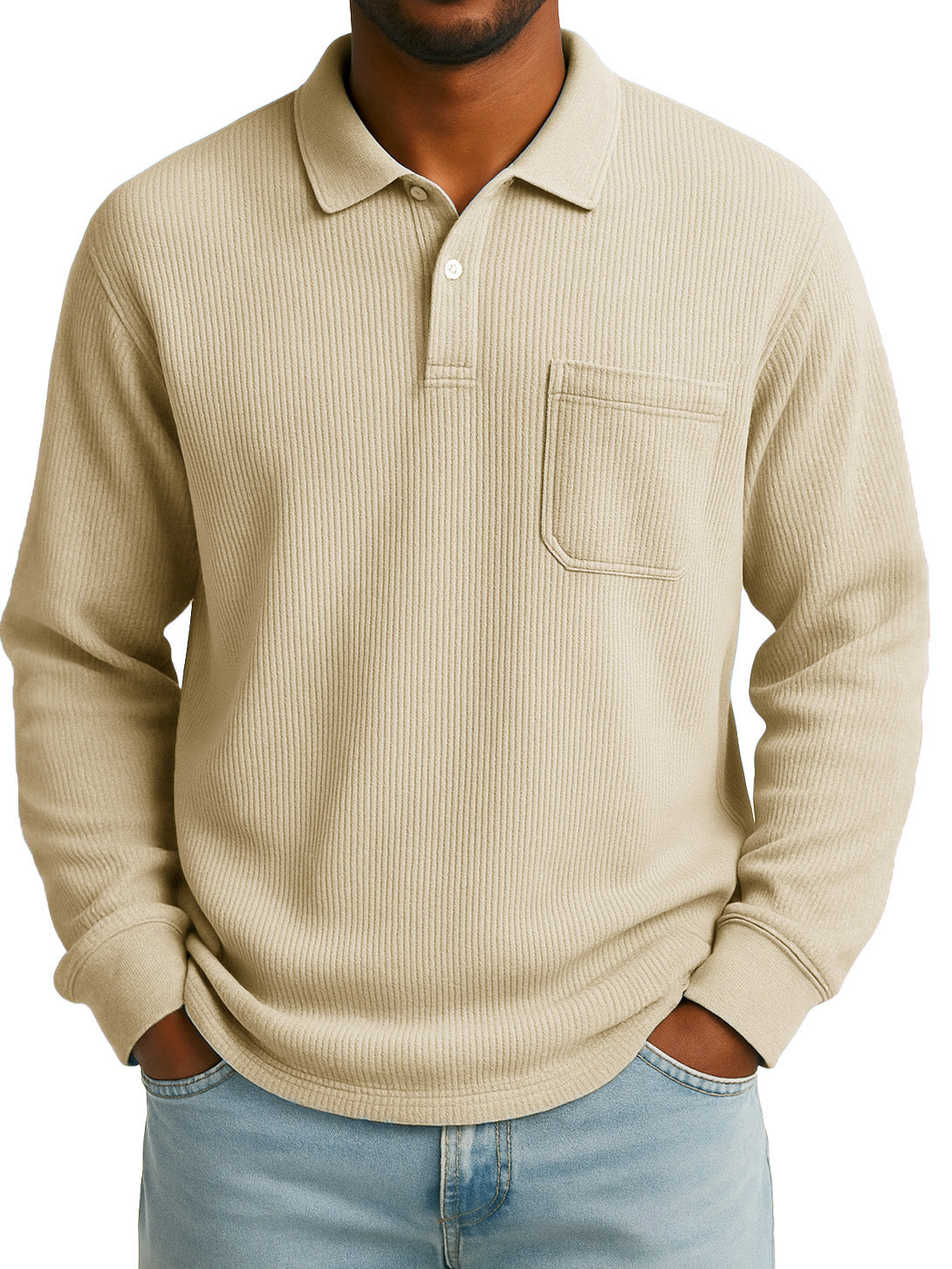 Men's Stylish Everyday Casual Corduroy Fabric Pocket Lapel Long-sleeved Polo Shirt 