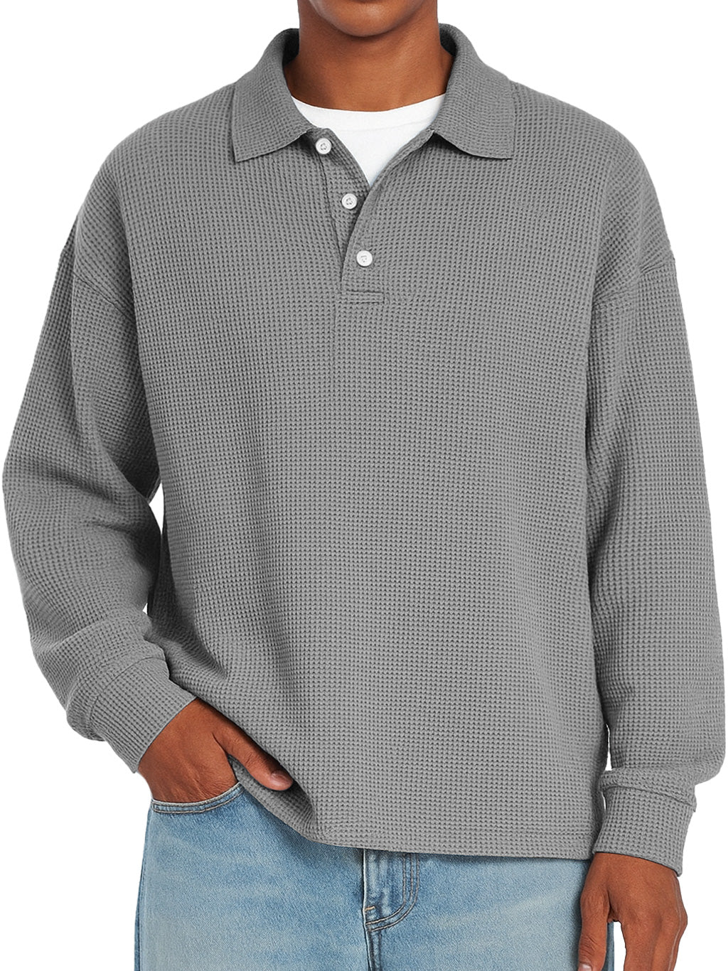 Men's Daily Waffle Casual Lapel Button Loose Long Sleeve Polo Shirt