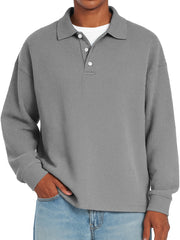 Men's Daily Waffle Casual Lapel Button Loose Long Sleeve Polo Shirt