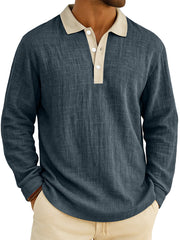 Men's Retro Everyday Colorblock Lapel Button Comfort Long Sleeve Polo Shirt