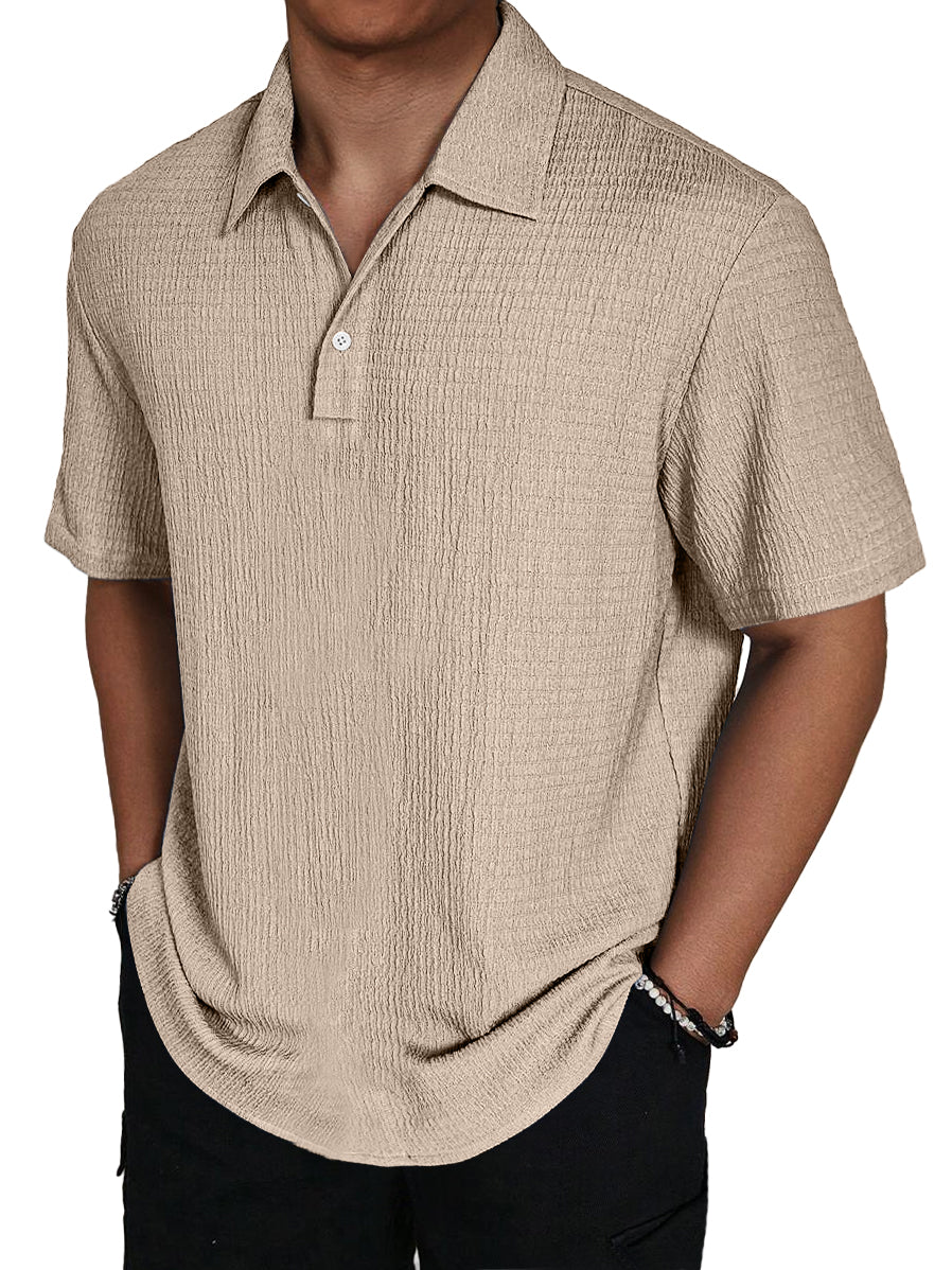 Men's Fashion Texture Lapel Button Casual Solid Color Short Sleeve POLO Shirt