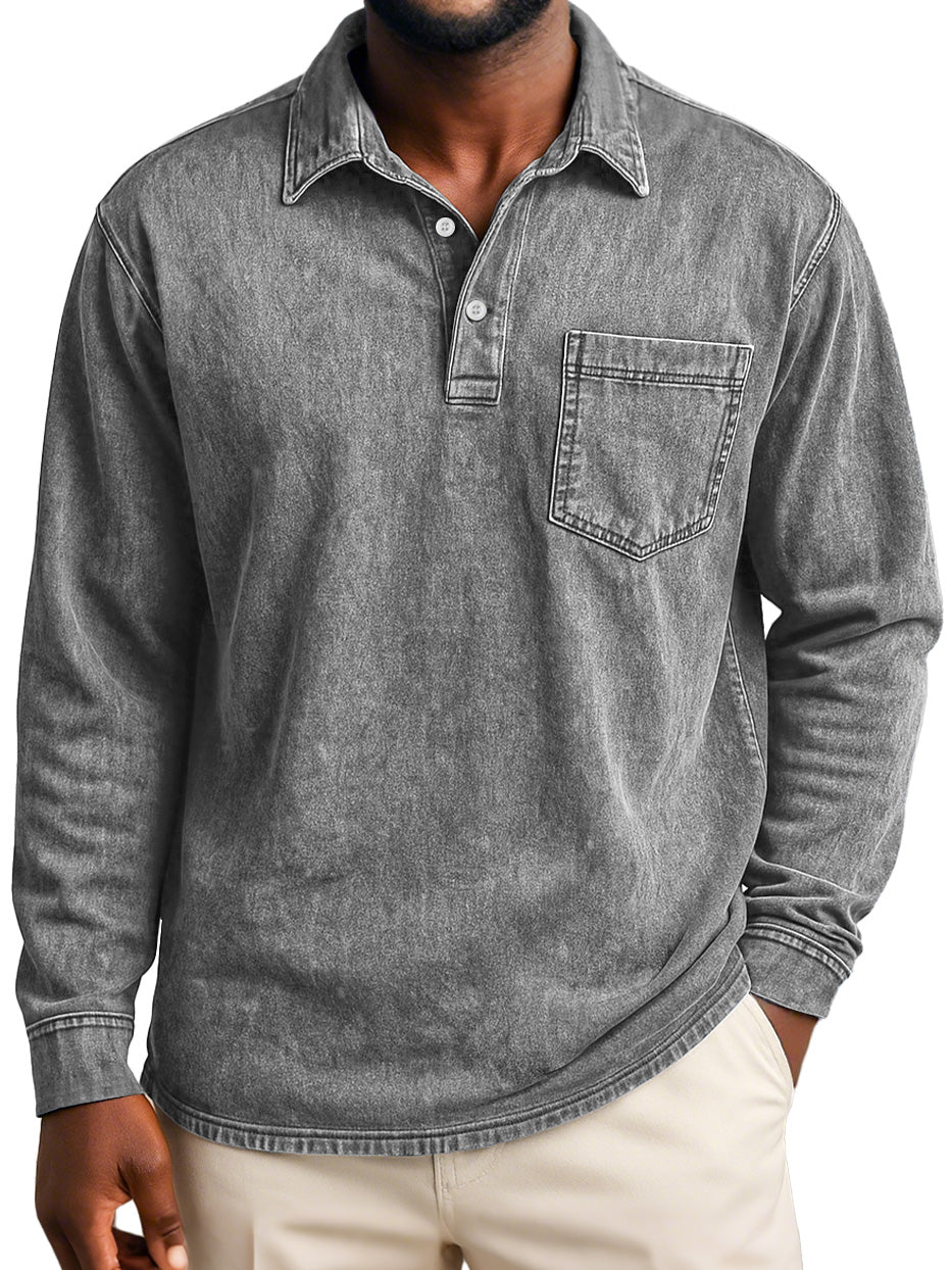Men's Retro Casual Lapel Pocket Distressed Long-sleeved Polo Shirt