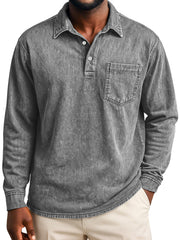 Men's Retro Casual Lapel Pocket Distressed Long-sleeved Polo Shirt