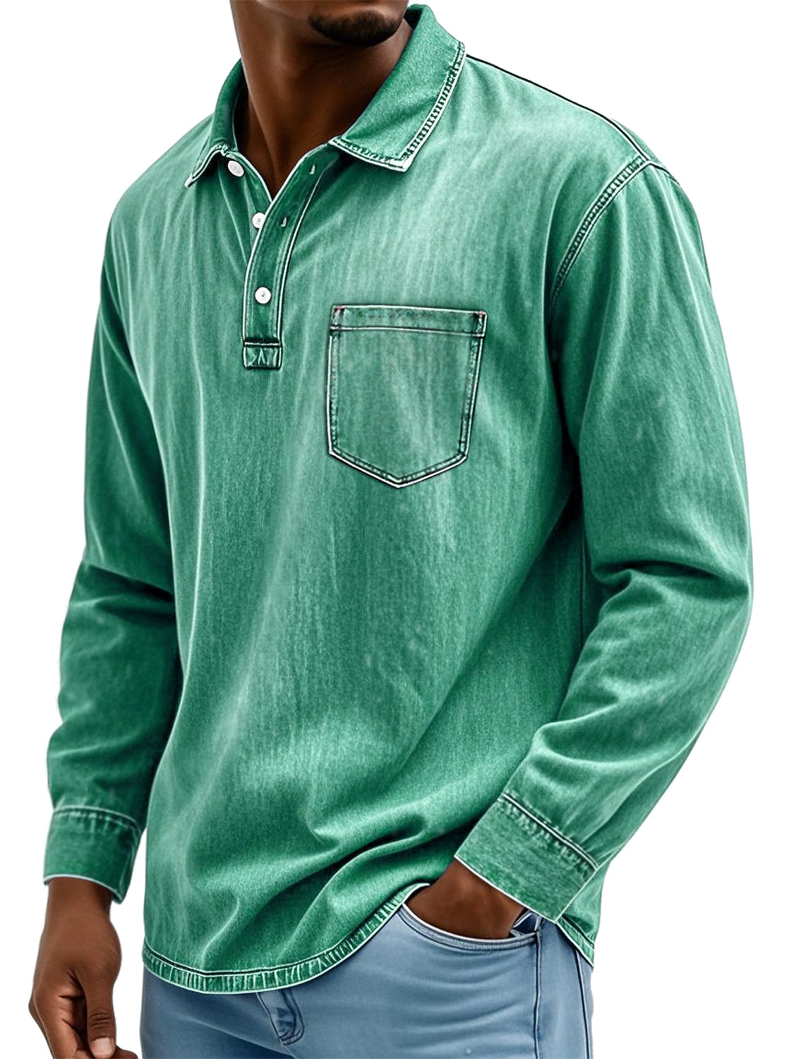 Men's Vintage Cotton Washed Lapel Button Casual Long Sleeve Polo Shirt