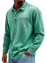 Men's Vintage Cotton Washed Lapel Button Casual Long Sleeve Polo Shirt