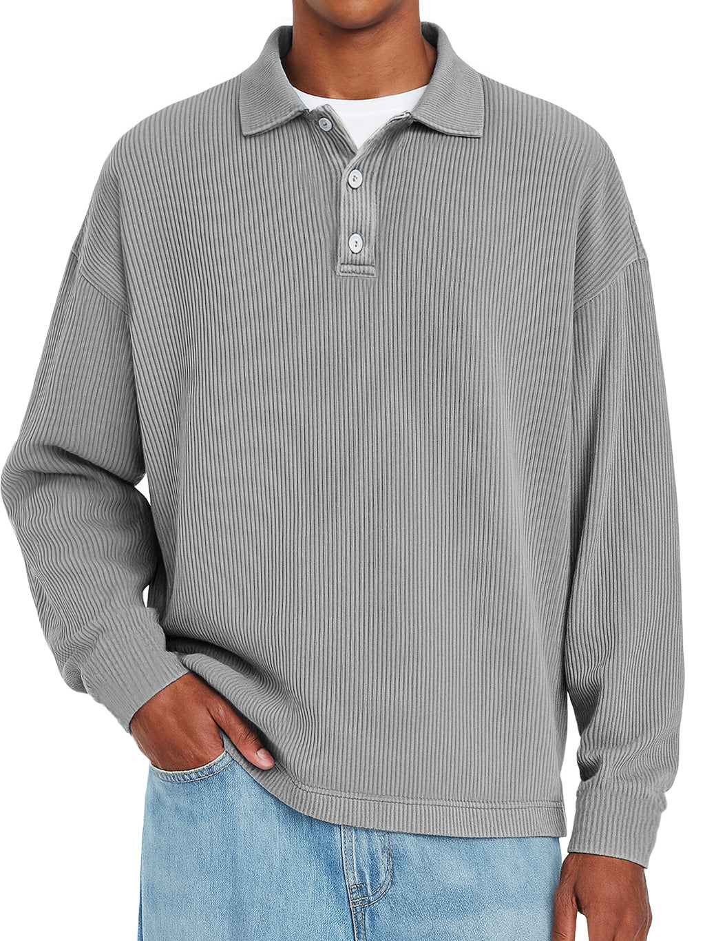 Men's Daily Ribbed Lapel Button-down Casual Solid Color Long-sleeved Polo Shirt