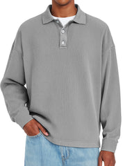 Men's Daily Ribbed Lapel Button-down Casual Solid Color Long-sleeved Polo Shirt