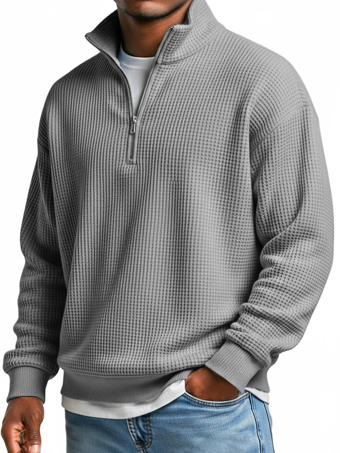 Men's Everyday Waffle Stand Collar Zipper Casual Long Sleeve T-shirt