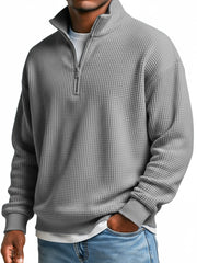 Men's Everyday Waffle Stand Collar Zipper Casual Long Sleeve T-shirt