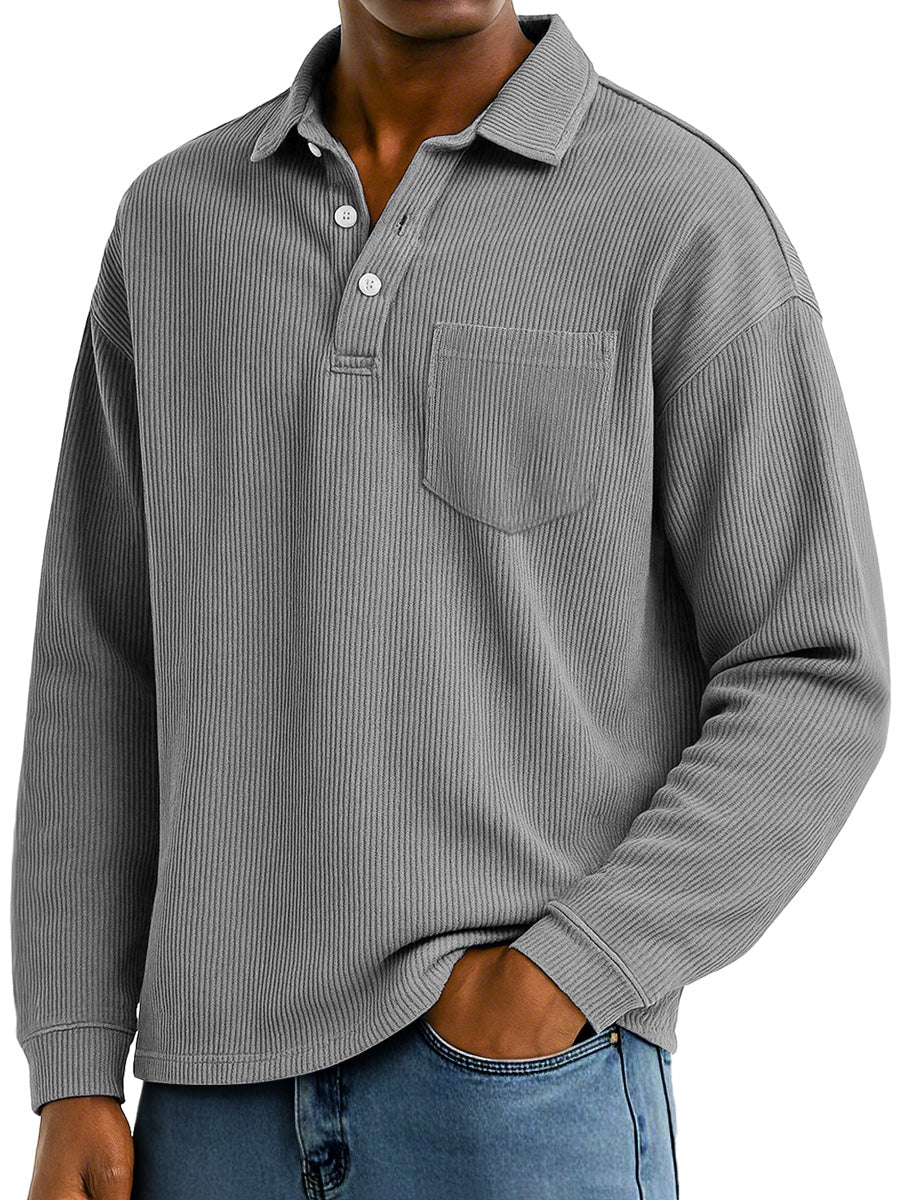 Men's Daily Ribbed Lapel Button-down Casual Pocket Polo Shirt