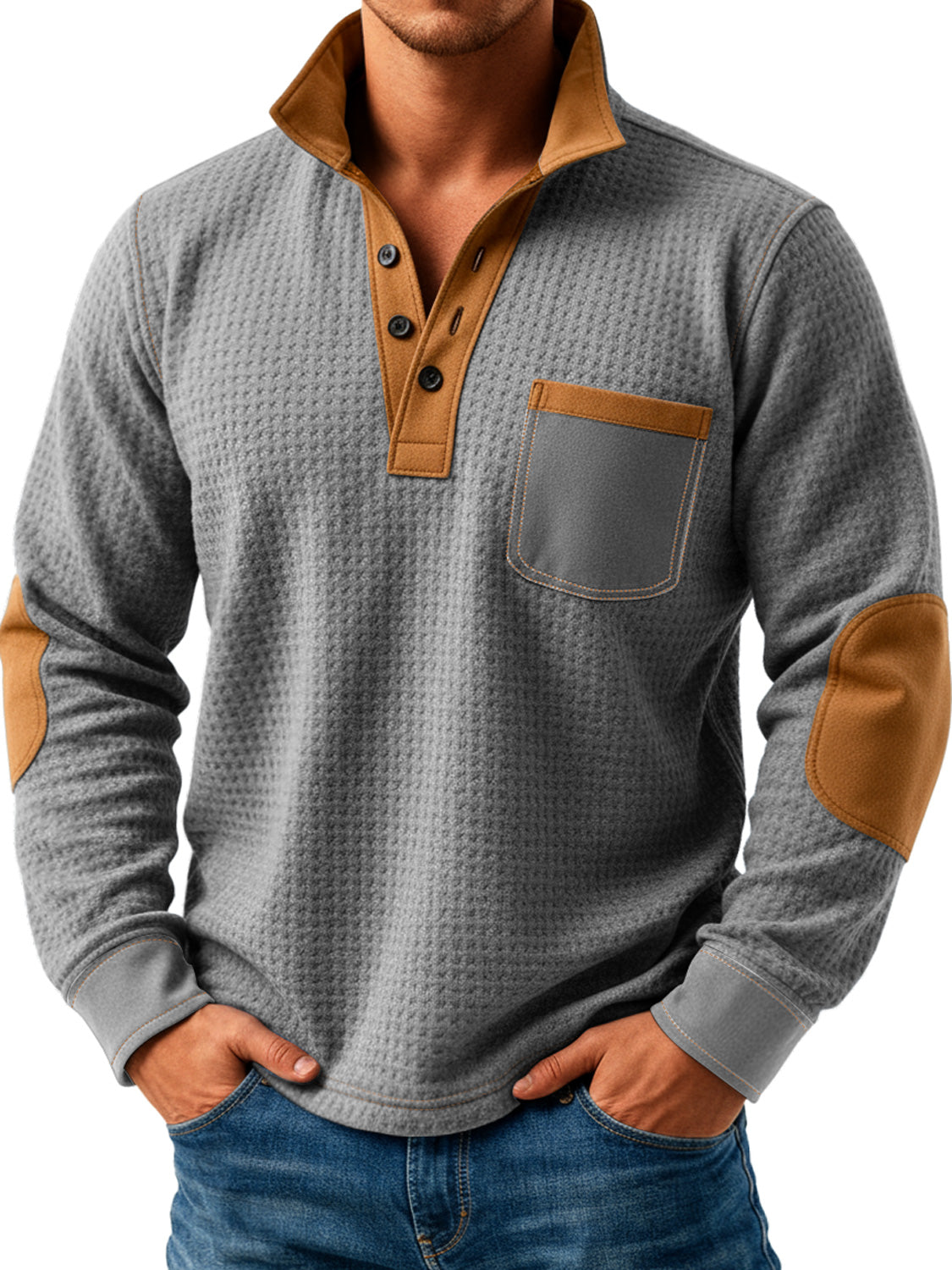 Men's Retro Texture Splicing Stand Collar Button Casual Long Sleeve POLO Shirt