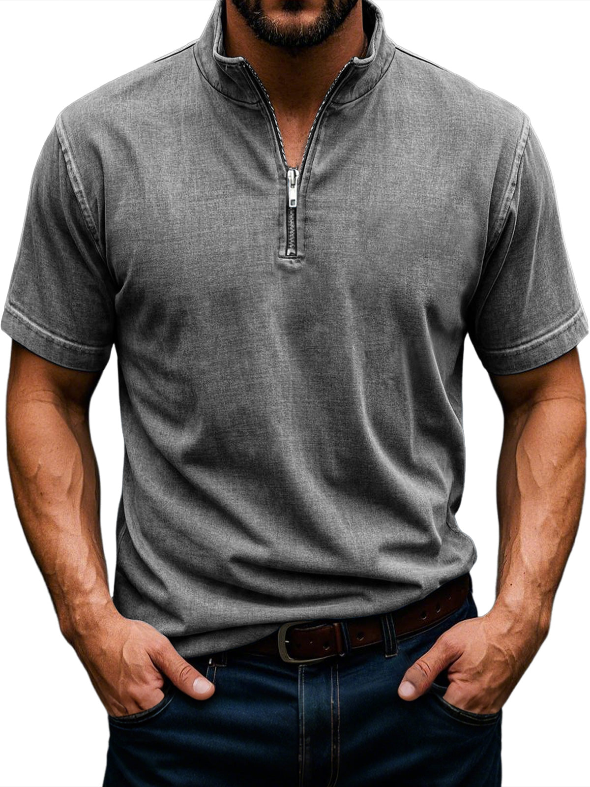 Men's Retro Stand Collar Zipper Casual Solid Color Short Sleeve T-Shirt