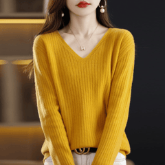 Women's V-Neck Pullover Long Sleeve Solid Color Cashmere Sweater