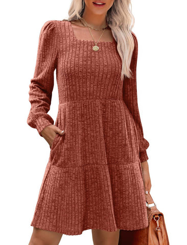 🔥Women's Square Neck Long Sleeve Fall Dresses Casual Babydoll Sweater Dress