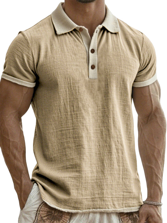 Men's Breathable Linen Crinkled Casual Colorblock Vacation Daily Short-sleeved Polo Shirt