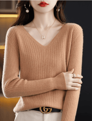 Women's V-Neck Pullover Long Sleeve Solid Color Cashmere Sweater