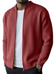 Men's Simple Casual Ribbed Stand Collar Zipper Long Sleeved Jacket