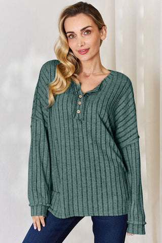 Women's Basic Bae Full Size Ribbed Half Button Long Sleeve T-Shirt