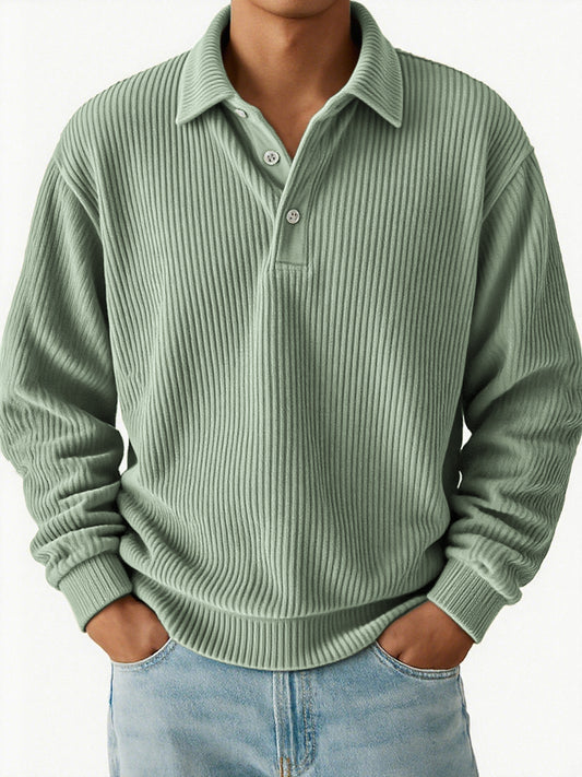 Men's Vintage Corduroy Pit Striped Casual Long Sleeve Polo Shirt