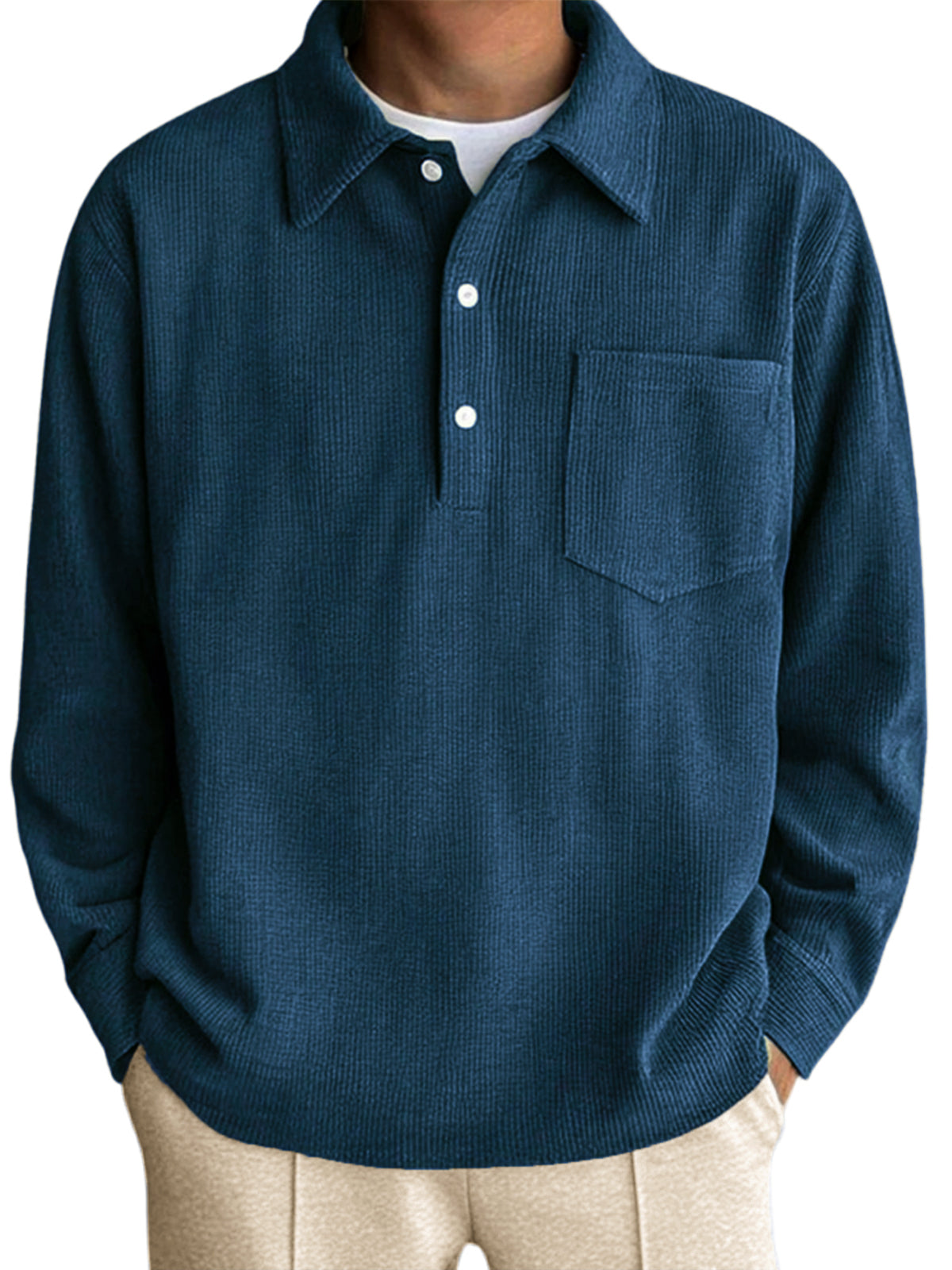 Men's Long Sleeve Pocket Polo Shirt with Vertical Stripes