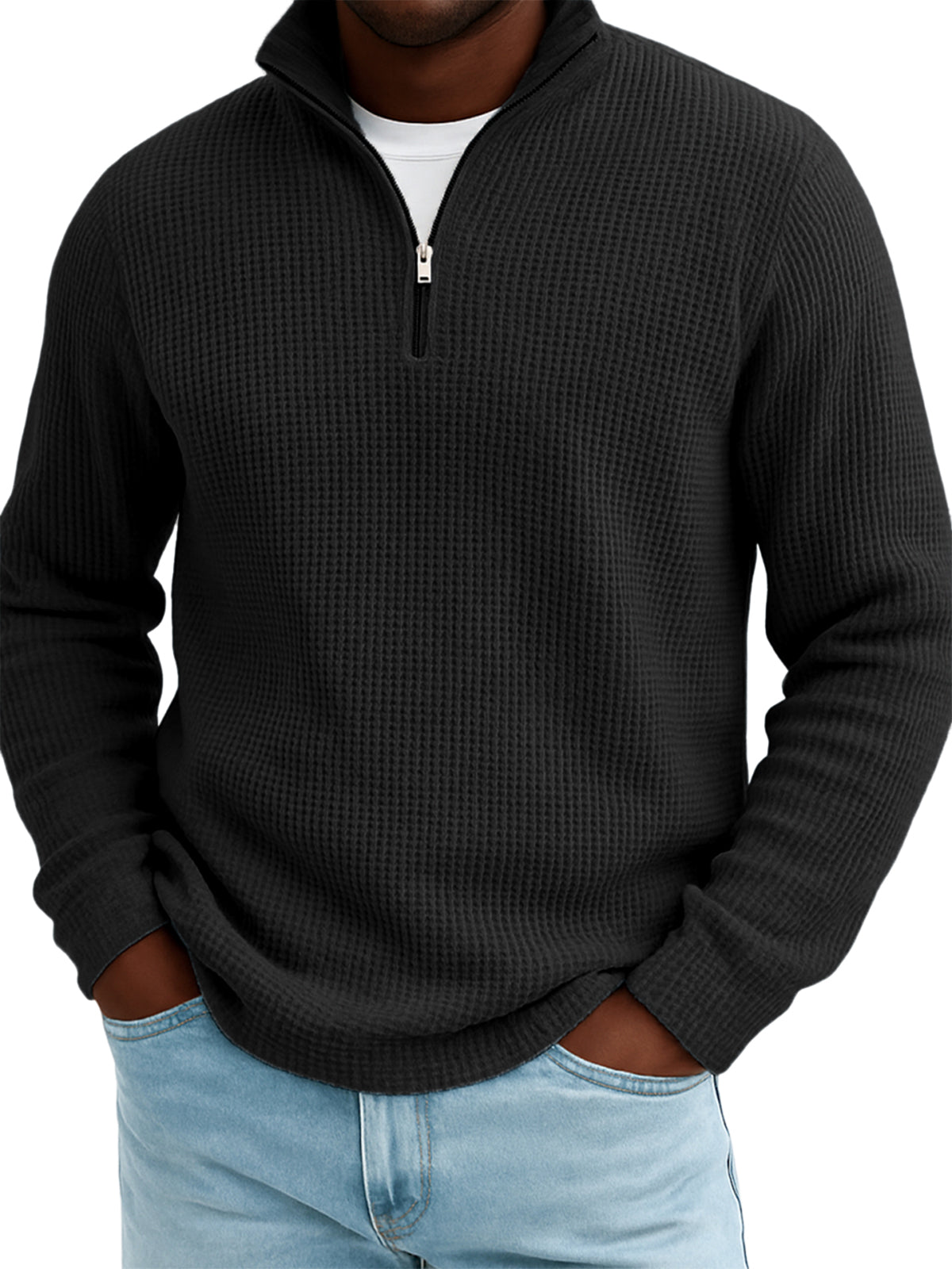 Men's Quarter-zip Waffle Texture Breathable Pullover T-shirt