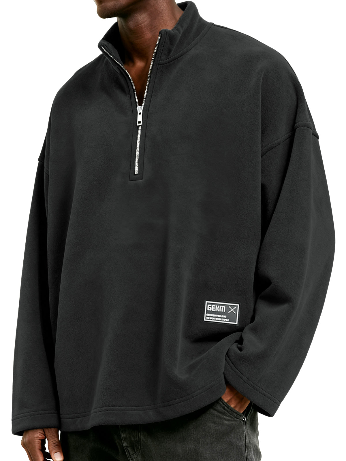 Men's Half-Zip Polar Fleece Stand Collar Embroidered Label Sweatshirt