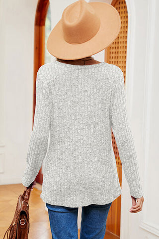 Women's Eyelet Ribbed Round Neck Long Sleeve T-Shirt