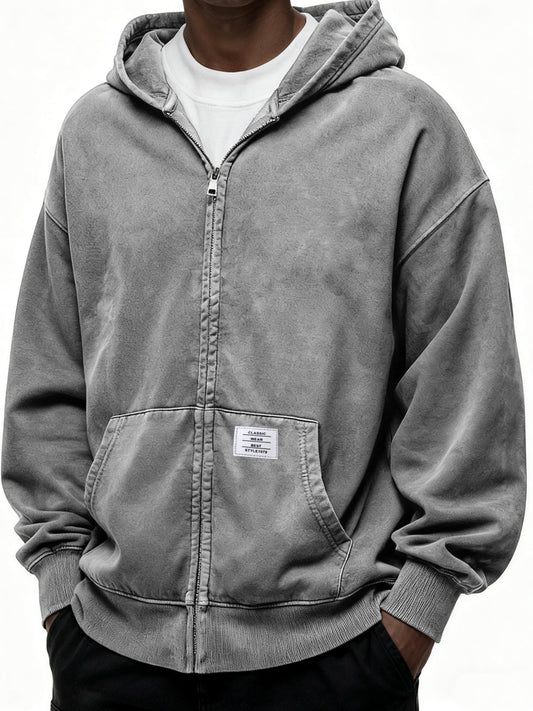 Heavyweight Hooded Full-zip Cardigan Sweatshirt with Kangaroo Pocket and Label