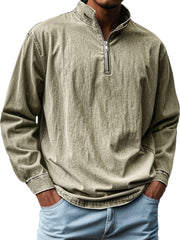 Men's Vintage Distressed Stand-up Collar Zipper Casual Long-sleeved T-shirt