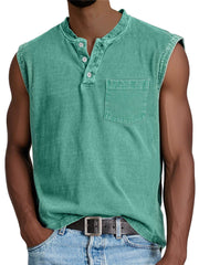 Men's Casual Retro Solid Color Simple Pocket Sleeveless Henley Shirt