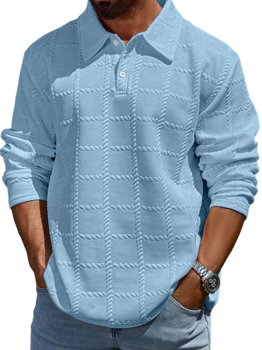 Men's Simple Solid Color Textured Lapel Long-sleeved Polo Shirt