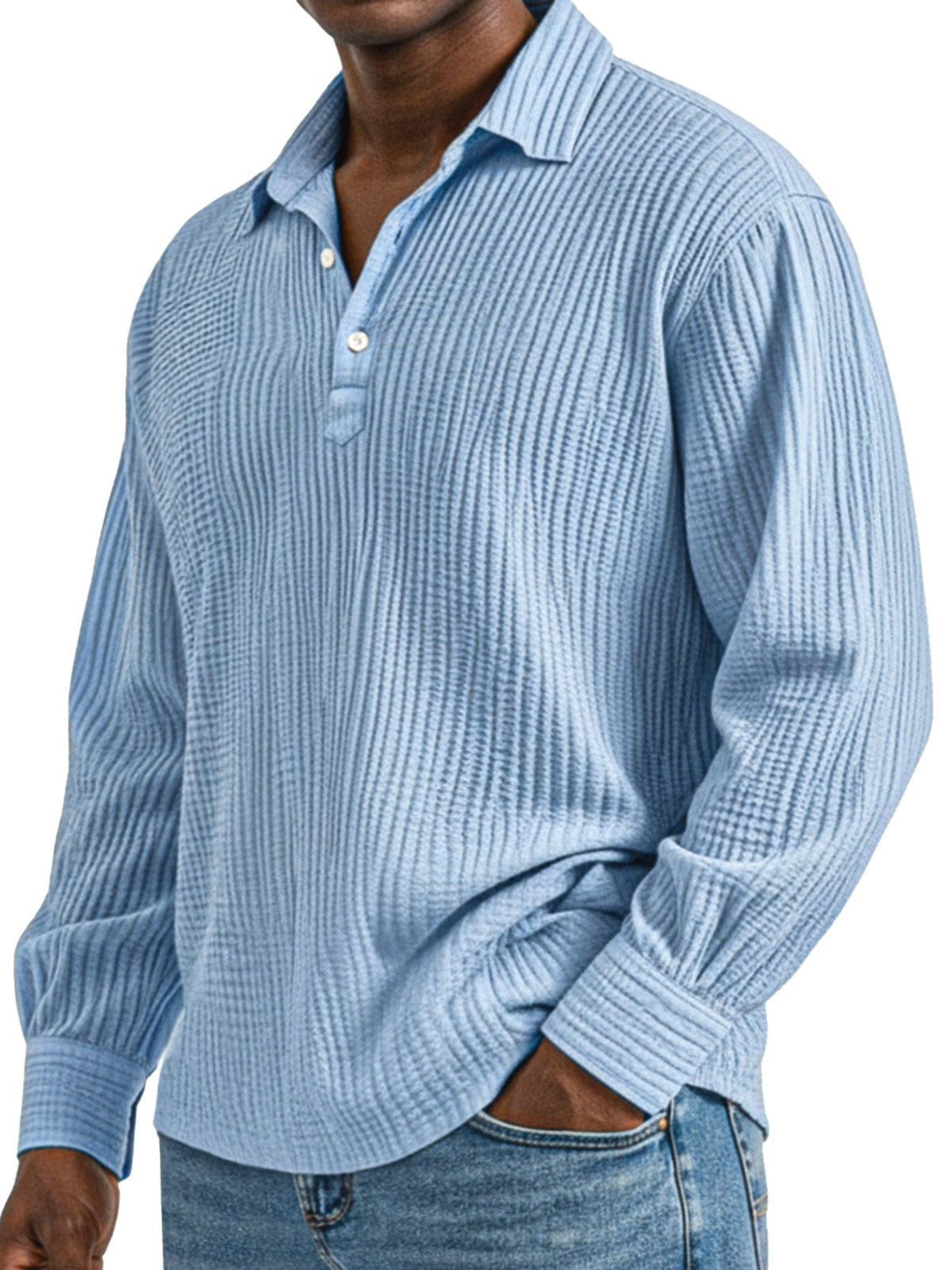 Men's Daily Simple Solid Color Pleated Long Sleeve Lapel Polo Shirt