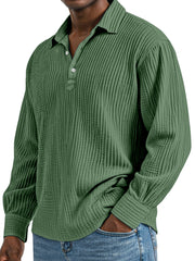Men's Daily Simple Solid Color Pleated Long Sleeve Lapel Polo Shirt