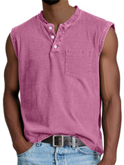 Men's Casual Retro Solid Color Simple Pocket Sleeveless Henley Shirt