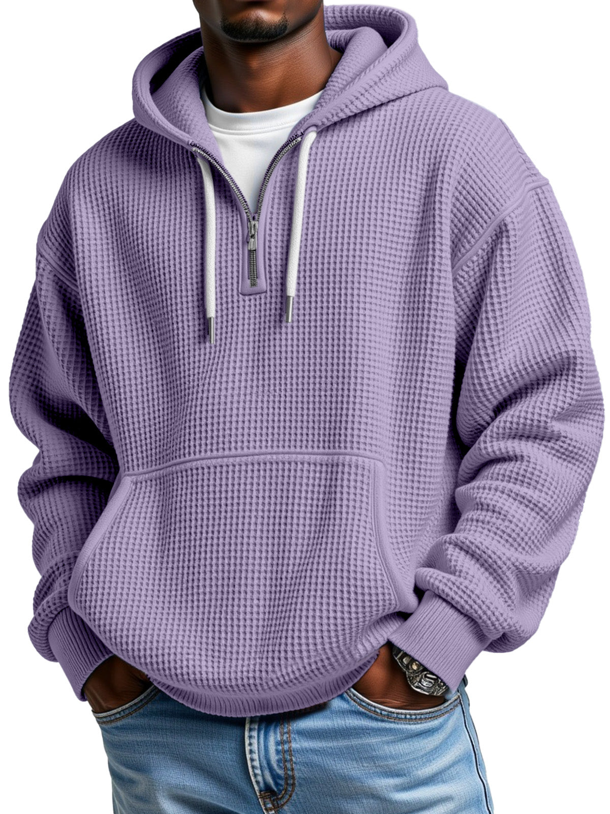 Men's Casual Solid Color Waffle Zipper Long Sleeve Hooded Sweatshirt