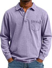 Men's Retro Solid Color Pocket Lapel Long Sleeve Polo Shirt