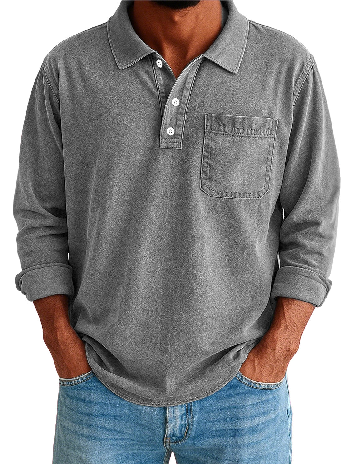 Men's Stylish Vintage Washed And Distressed Lapel Long-sleeved Polo Shirt With Pockets 