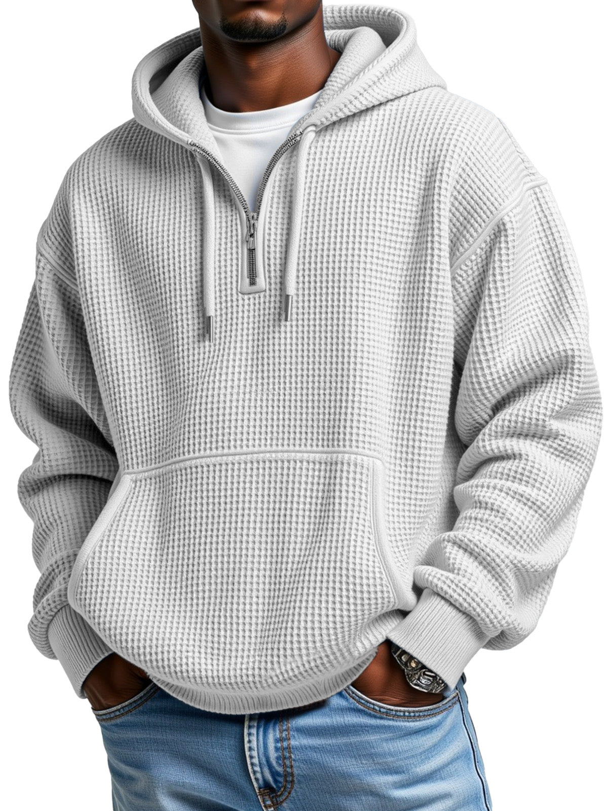Men's Casual Solid Color Waffle Zipper Long Sleeve Hooded Sweatshirt