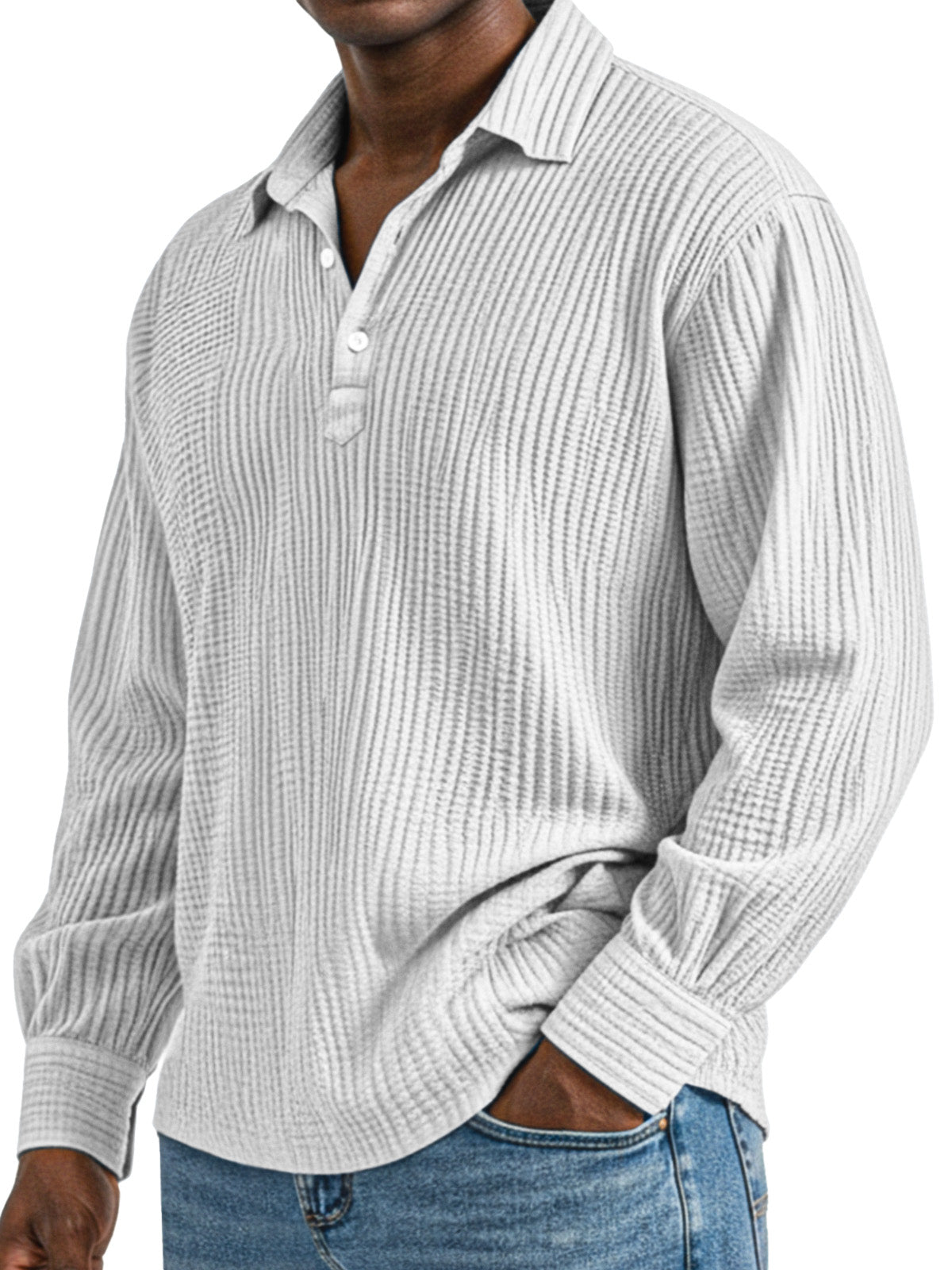 Men's Daily Simple Solid Color Pleated Long Sleeve Lapel Polo Shirt