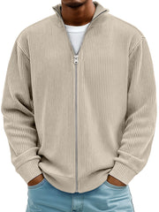 Men's Simple Ribbed Textured Stand Collar Zipper Loose Jacket