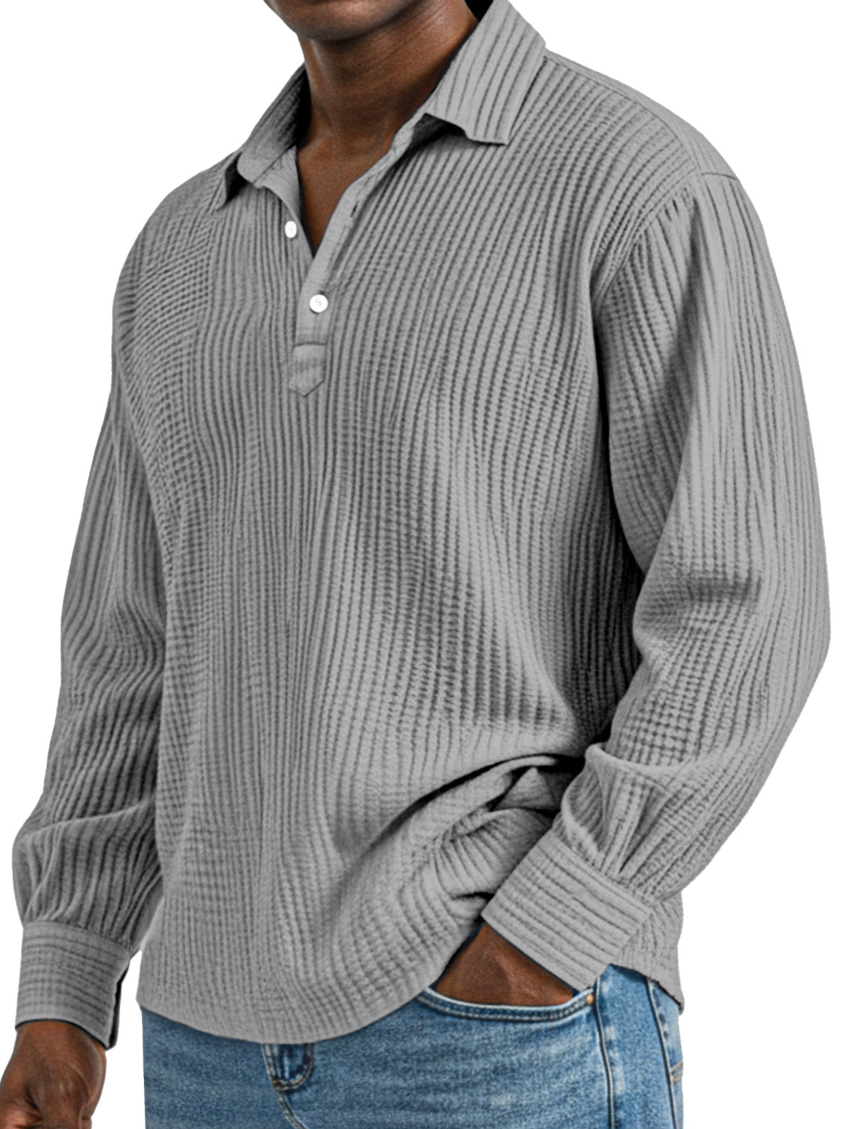 Men's Daily Simple Solid Color Pleated Long Sleeve Lapel Polo Shirt