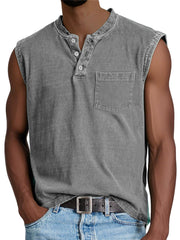 Men's Casual Retro Solid Color Simple Pocket Sleeveless Henley Shirt