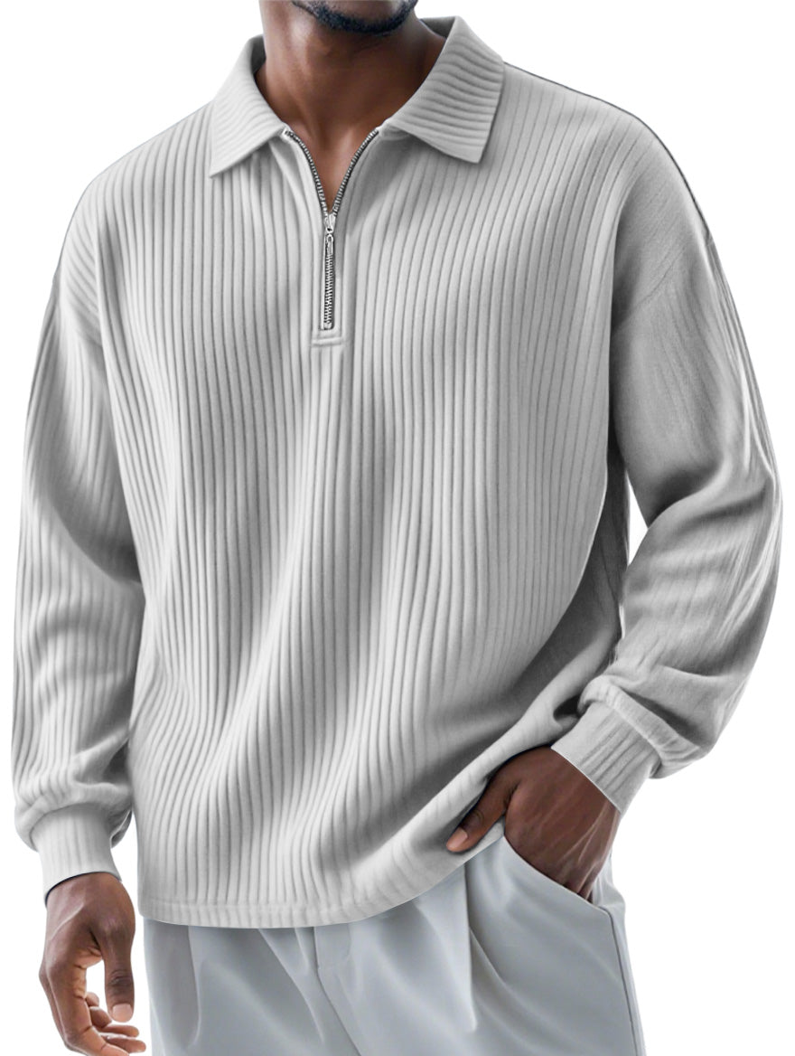 Men's Fashionable Ribbed Lapel Zipper Casual Long-sleeved Polo Shirt