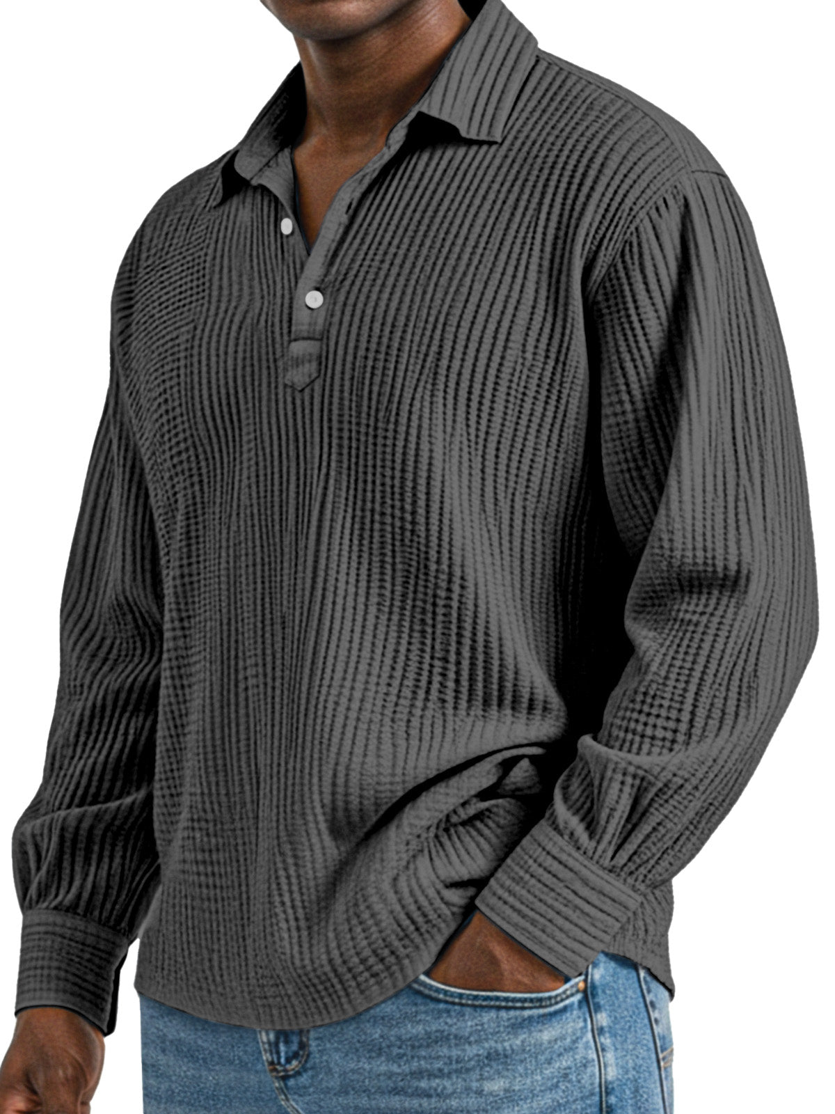 Men's Daily Simple Solid Color Pleated Long Sleeve Lapel Polo Shirt