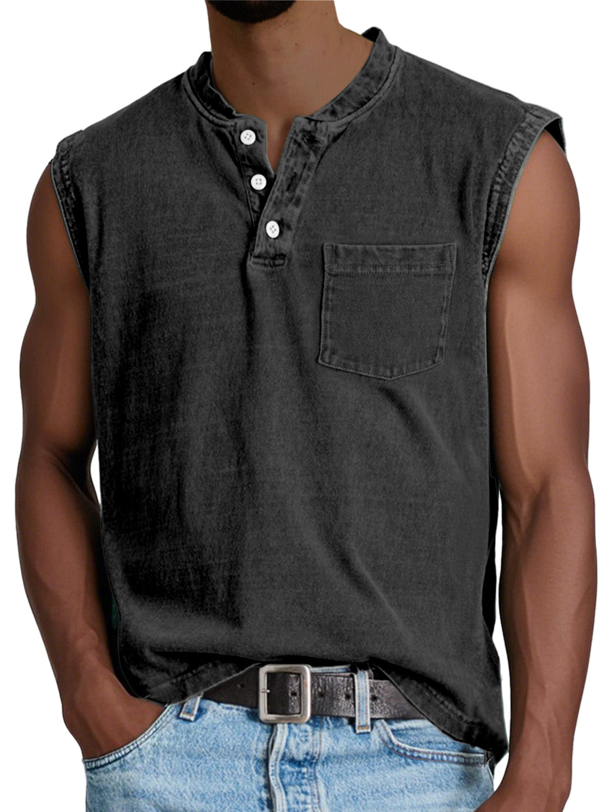 Men's Casual Retro Solid Color Simple Pocket Sleeveless Henley Shirt