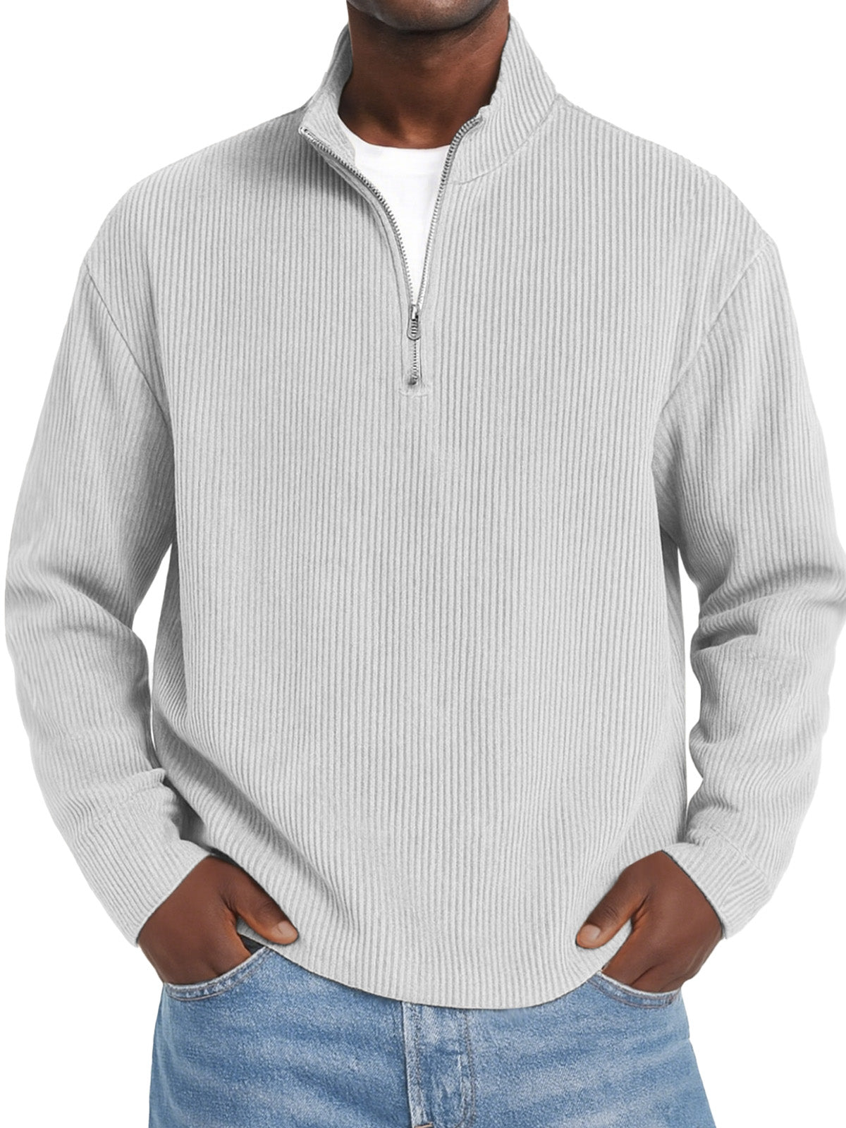 Men's Daily Solid Color Vertical Pit Zipper Long Sleeve Polo Shirt