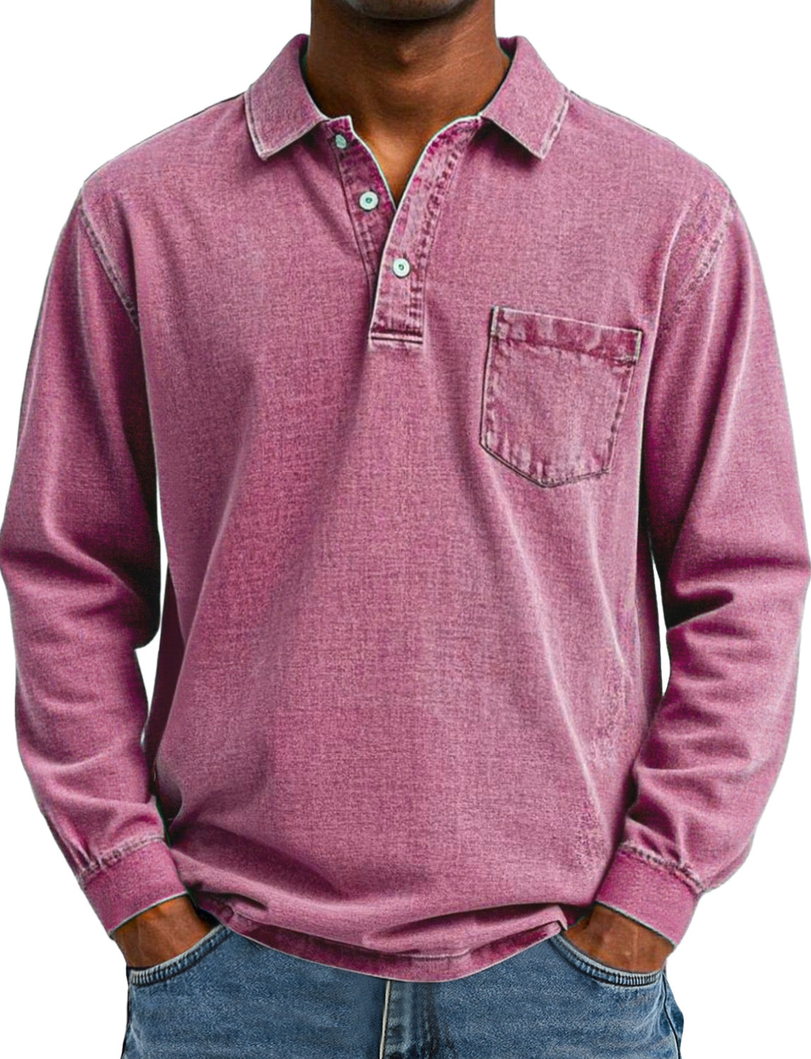 Men's Retro Solid Color Pocket Lapel Long Sleeve Polo Shirt