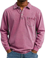 Men's Retro Solid Color Pocket Lapel Long Sleeve Polo Shirt