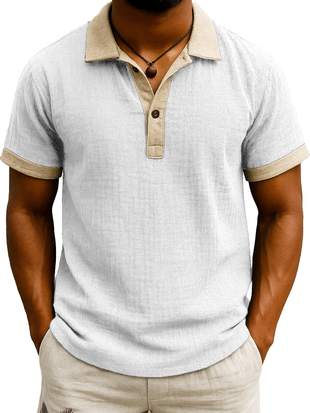  Men's Fashion Retro Hemp Fabric Patchwork Contrast Color Short-sleeved Polo Shirt 